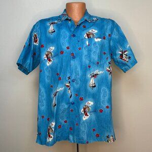 Vintage 1960s Hawaiian Shirt, Blue Novelty Print Cotton, Hoaloha Size Medium